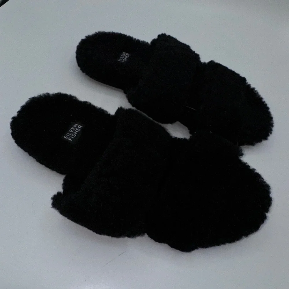 EILEEN FISHER Shoes Womens 7.5 Dello‎ Shearling Slide Sandal Black Lamb Fur Slip - Picture 8 of 13